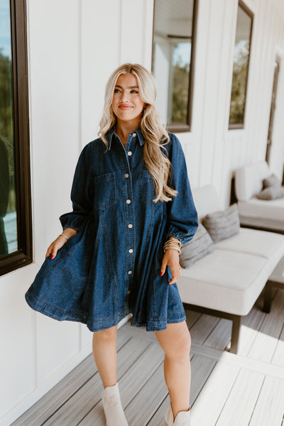 Dark Denim Collared Button Up Pocket Dress