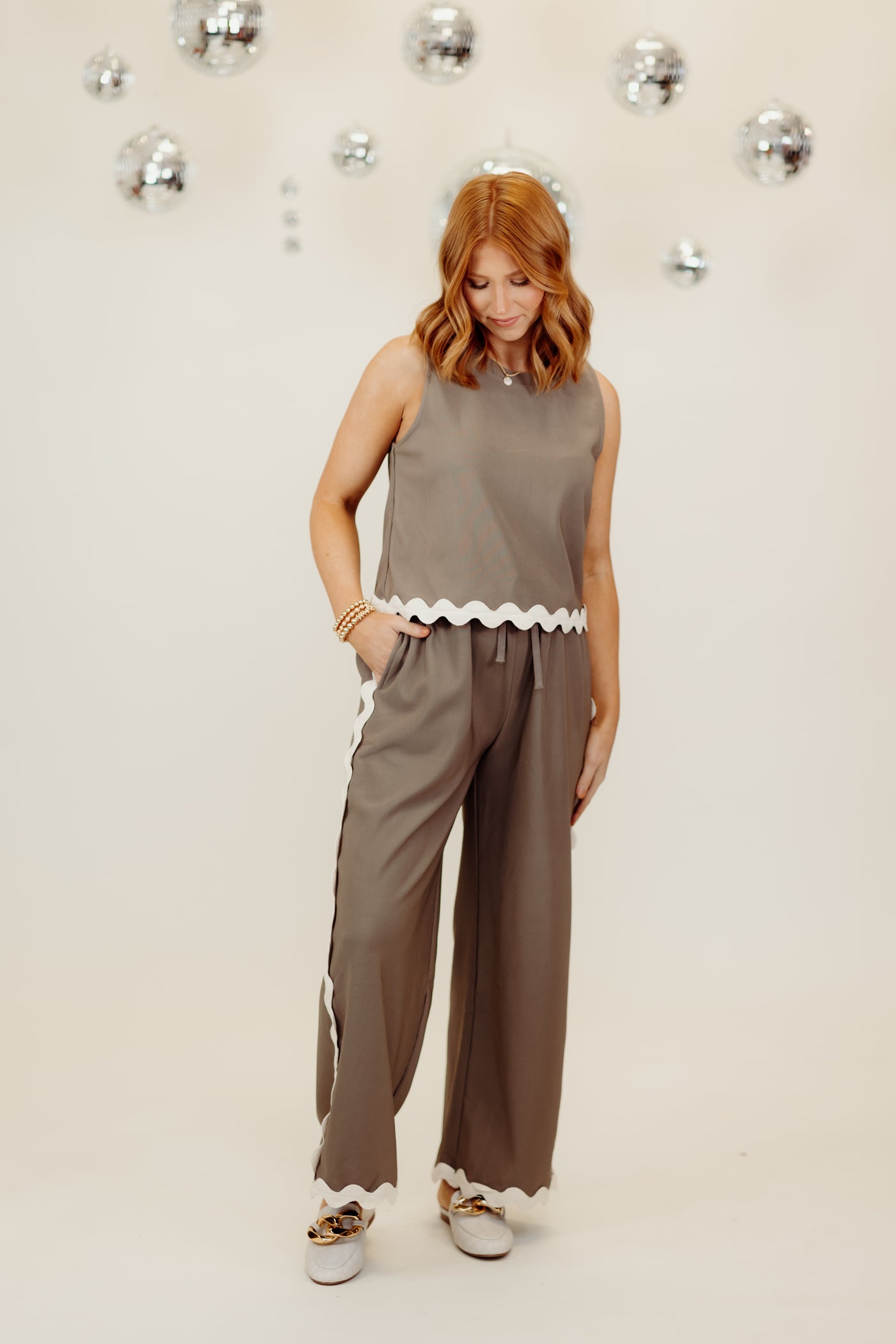 Mocha Sleeveless Ric Rac Top and Wide Leg Pant Set