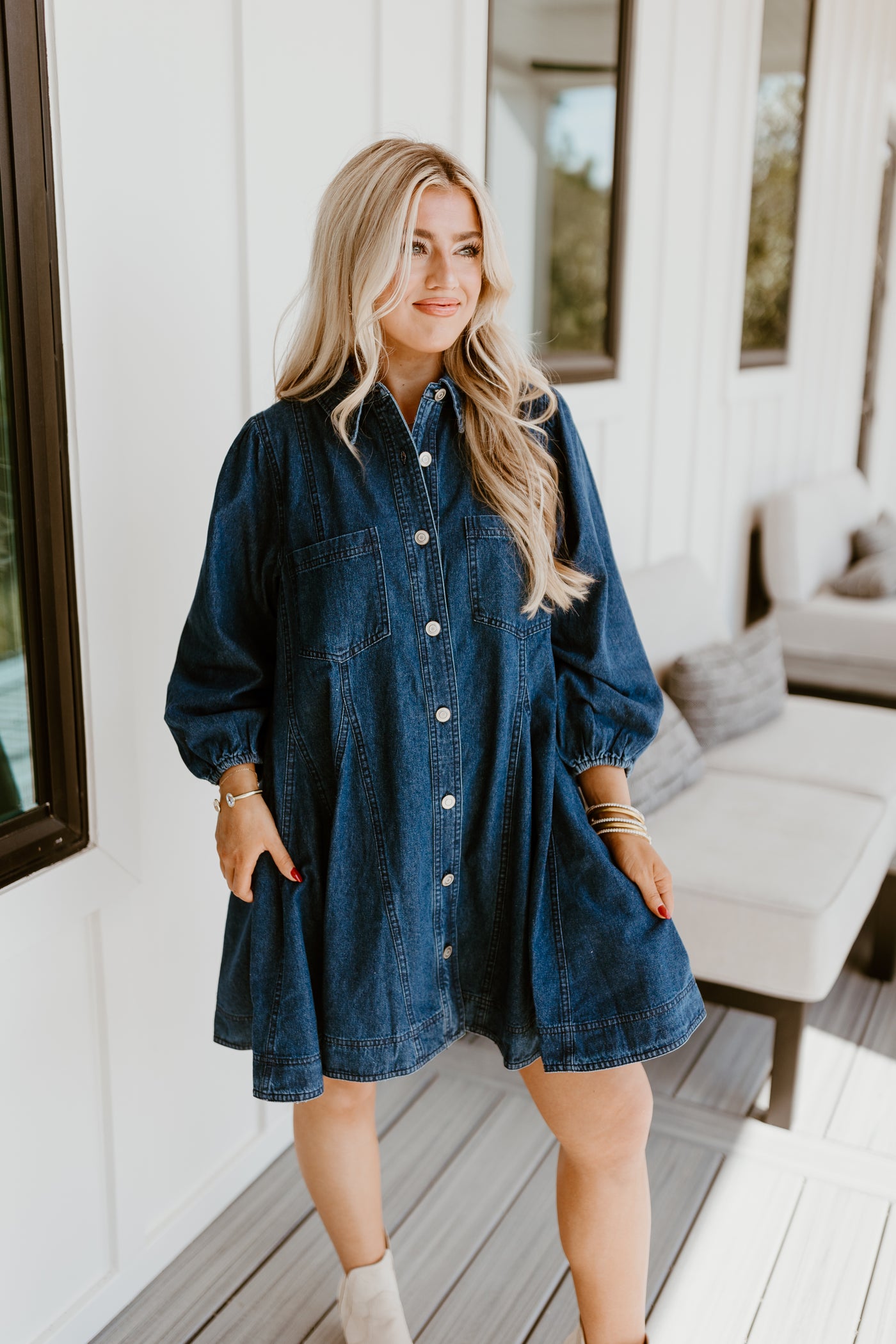 Dark Denim Collared Button Up Pocket Dress