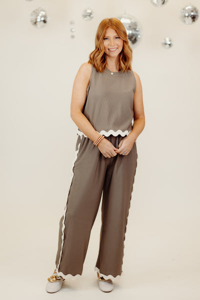 Mocha Sleeveless Ric Rac Top and Wide Leg Pant Set