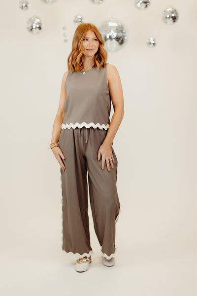 Mocha Sleeveless Ric Rac Top and Wide Leg Pant Set