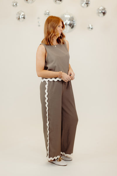 Mocha Sleeveless Ric Rac Top and Wide Leg Pant Set