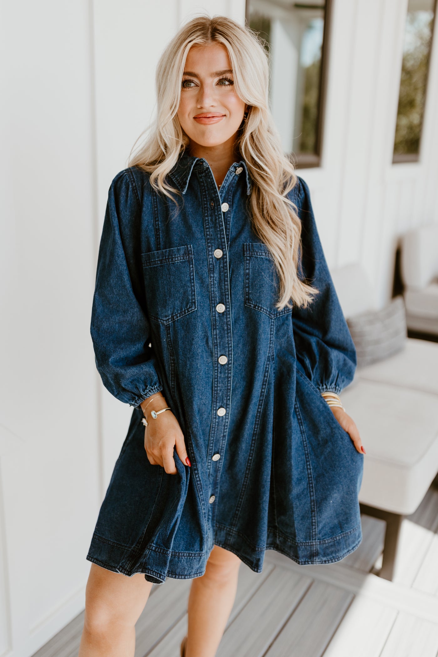 Dark Denim Collared Button Up Pocket Dress