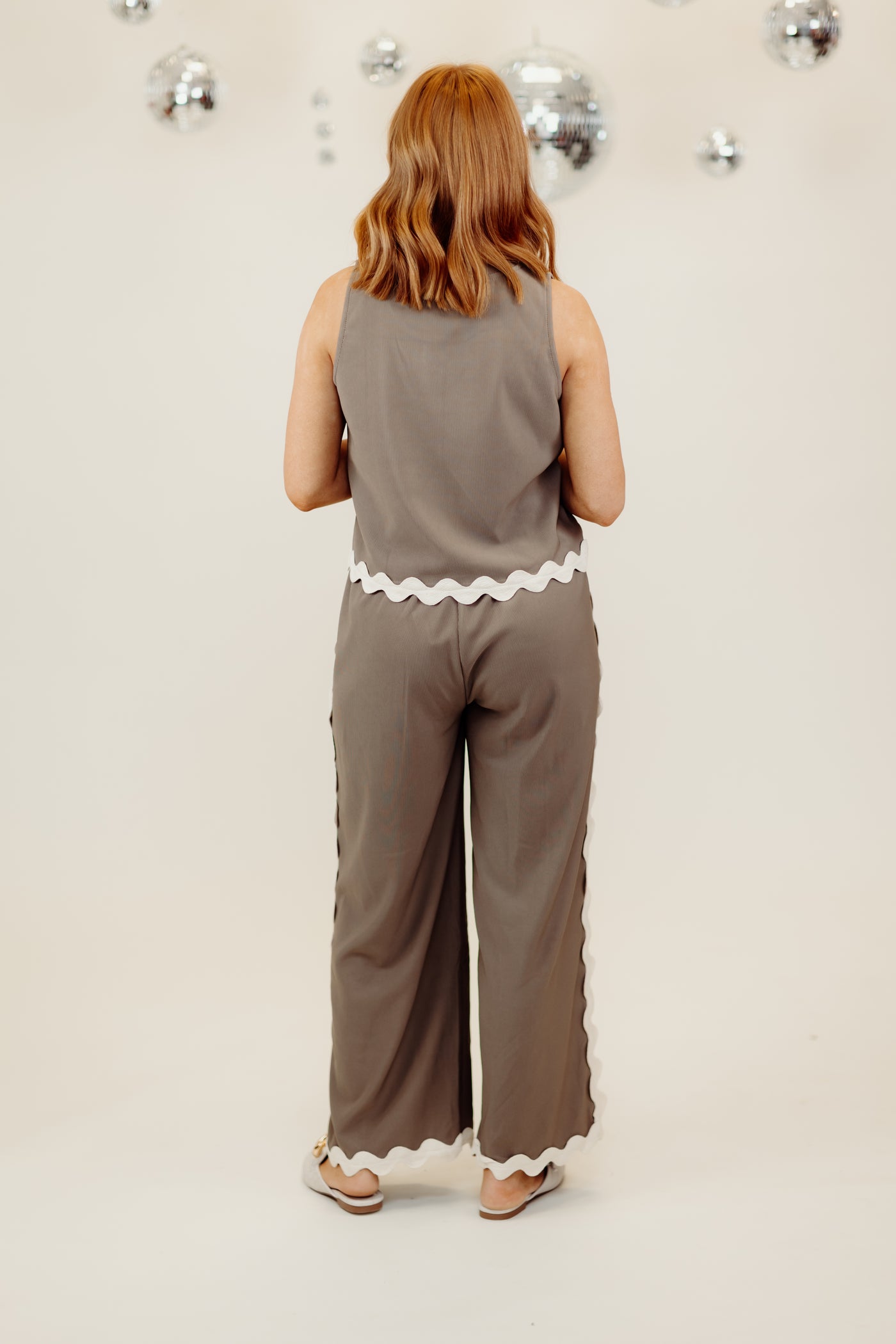 Mocha Sleeveless Ric Rac Top and Wide Leg Pant Set