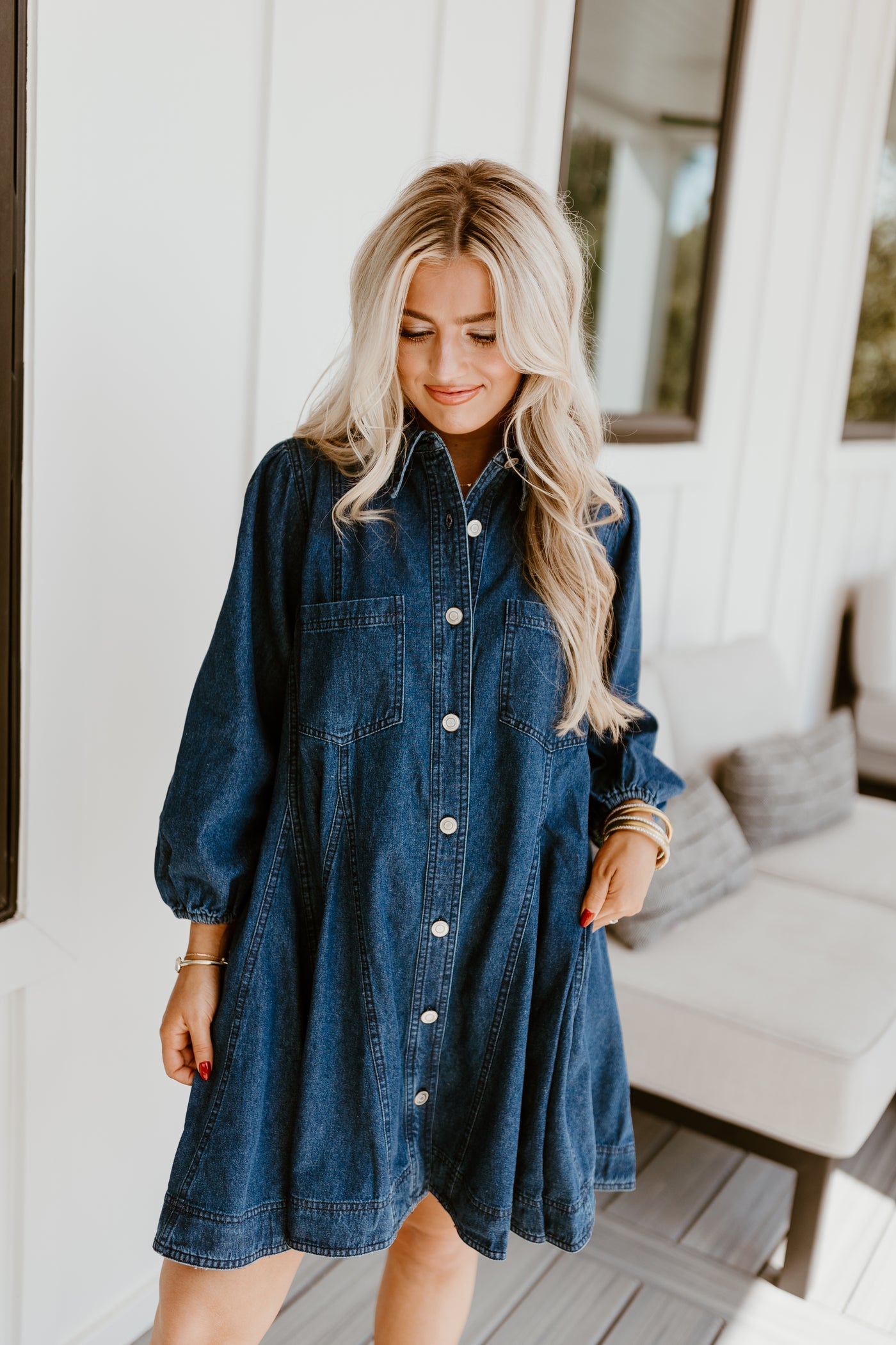 Dark Denim Collared Button Up Pocket Dress