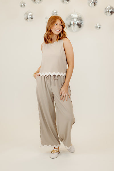 Taupe Sleeveless Ric Rac Top and Wide Leg Pant Set