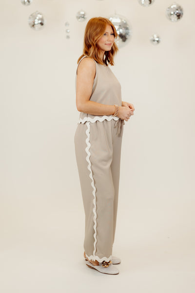 Taupe Sleeveless Ric Rac Top and Wide Leg Pant Set