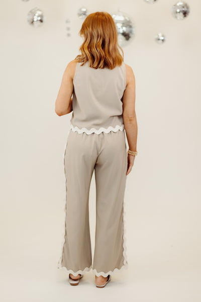 Taupe Sleeveless Ric Rac Top and Wide Leg Pant Set