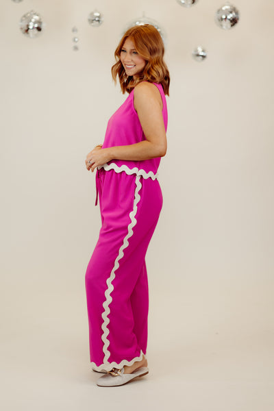 Hot Pink Sleeveless Ric Rac Top and Wide Leg Pant Set