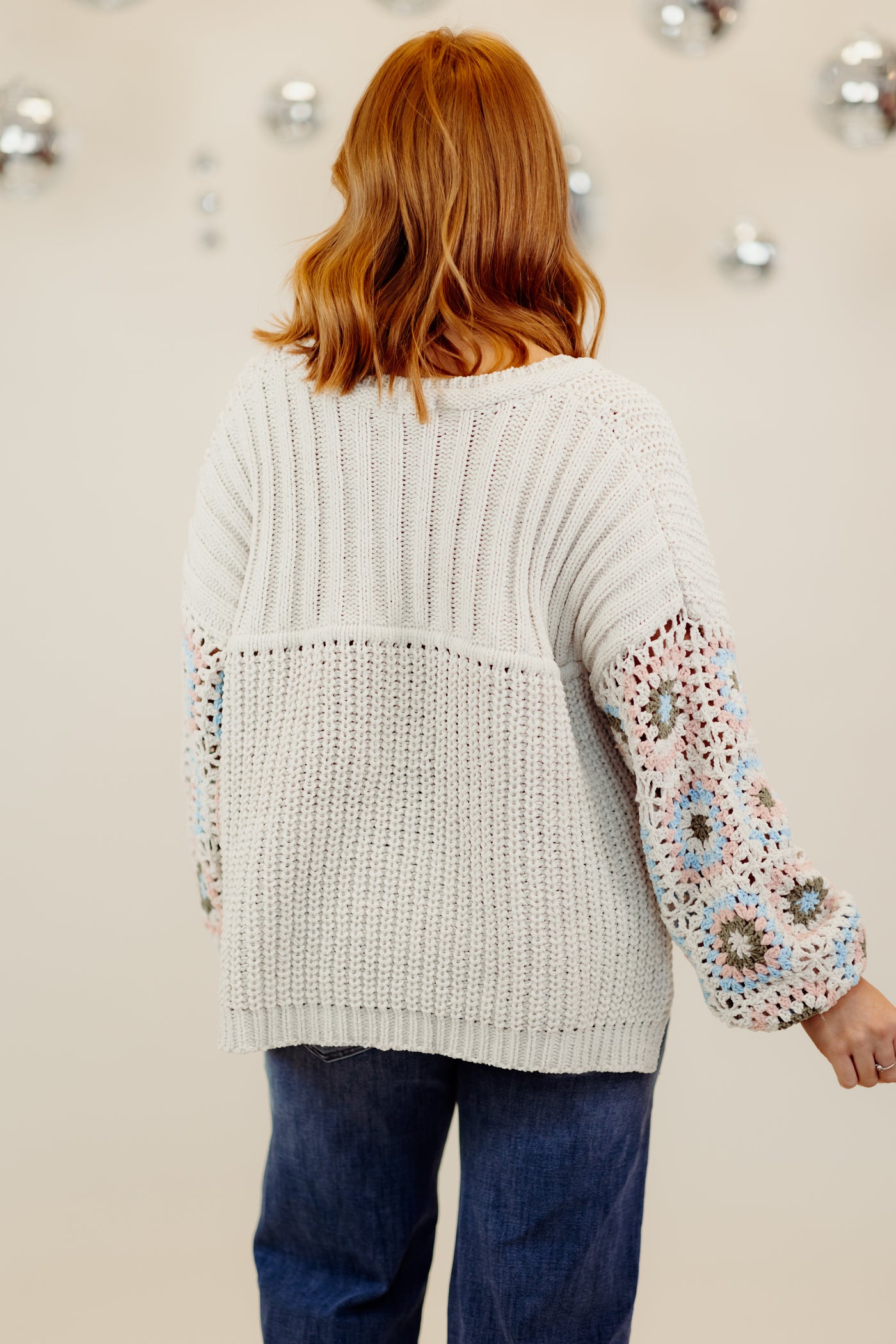 Powder Beige Chenille Hand Crochet Patch Sleeve Sweater