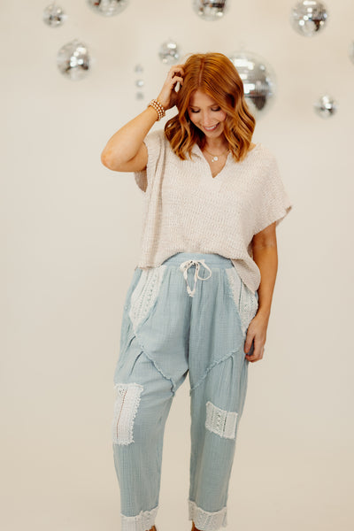 Foggy Blue Lace Detail Stretch Waist Pants