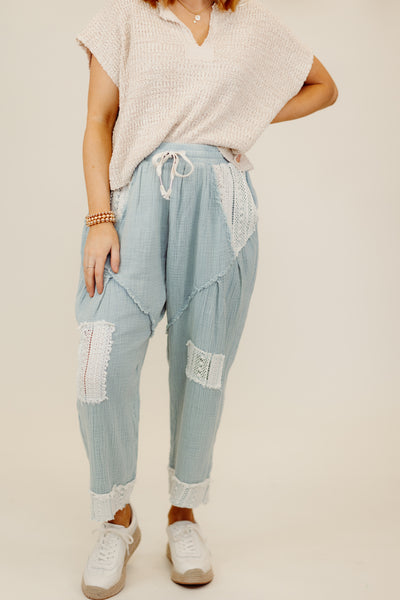 Foggy Blue Lace Detail Stretch Waist Pants