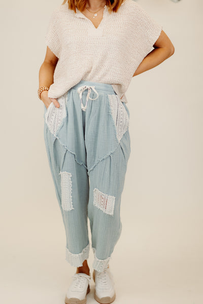 Foggy Blue Lace Detail Stretch Waist Pants