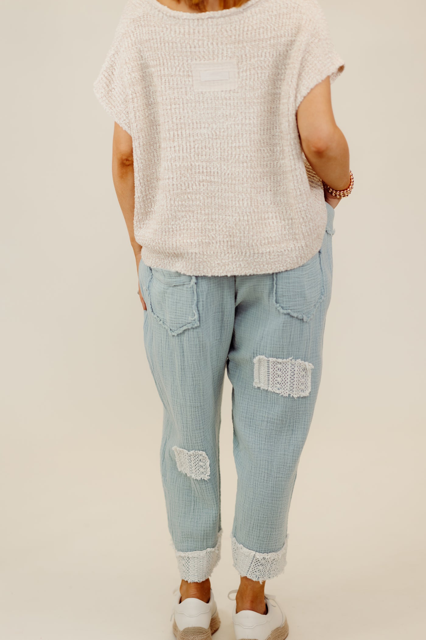 Foggy Blue Lace Detail Stretch Waist Pants