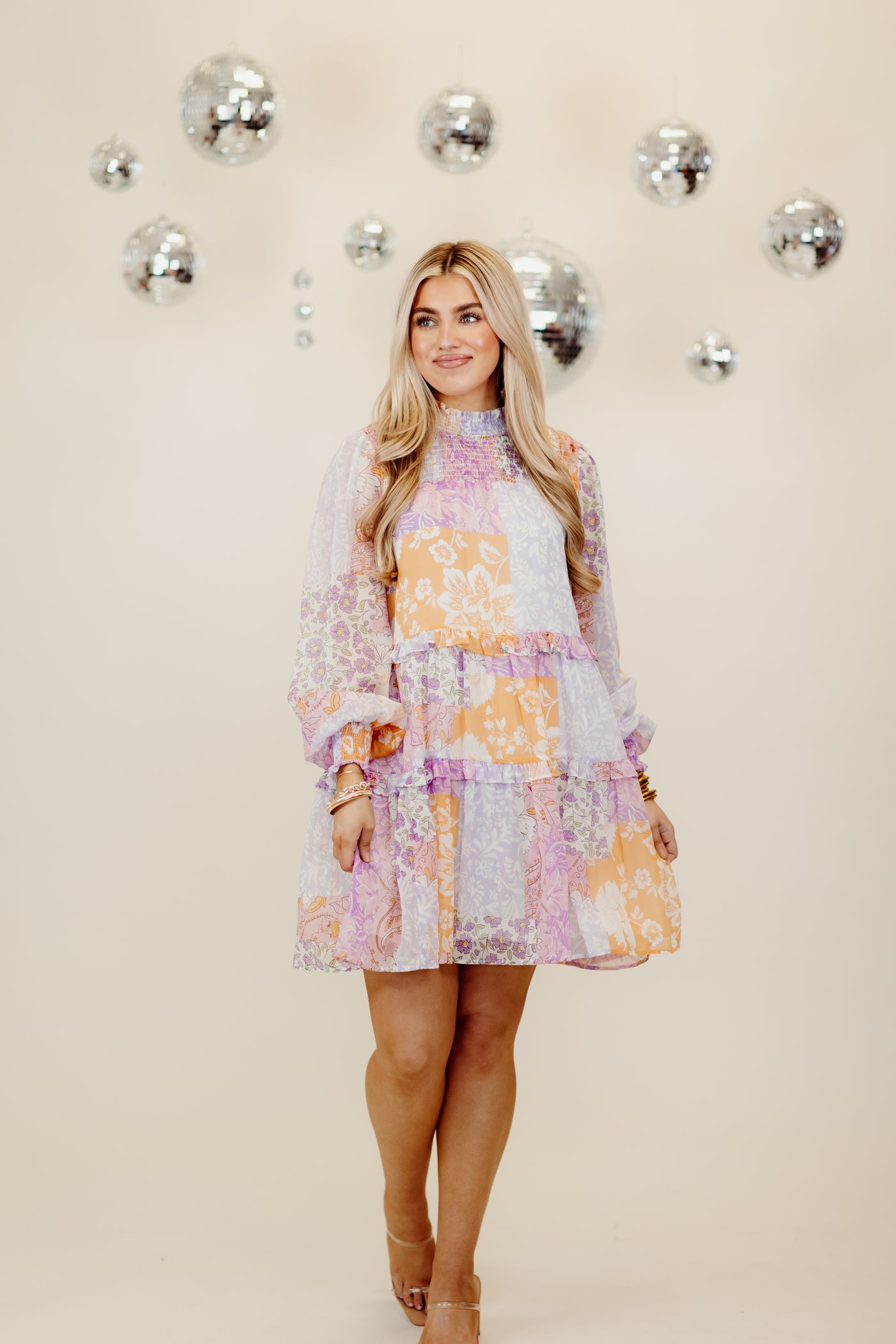 Lavender Multi Patchwork Mock Neck Tiered Dress