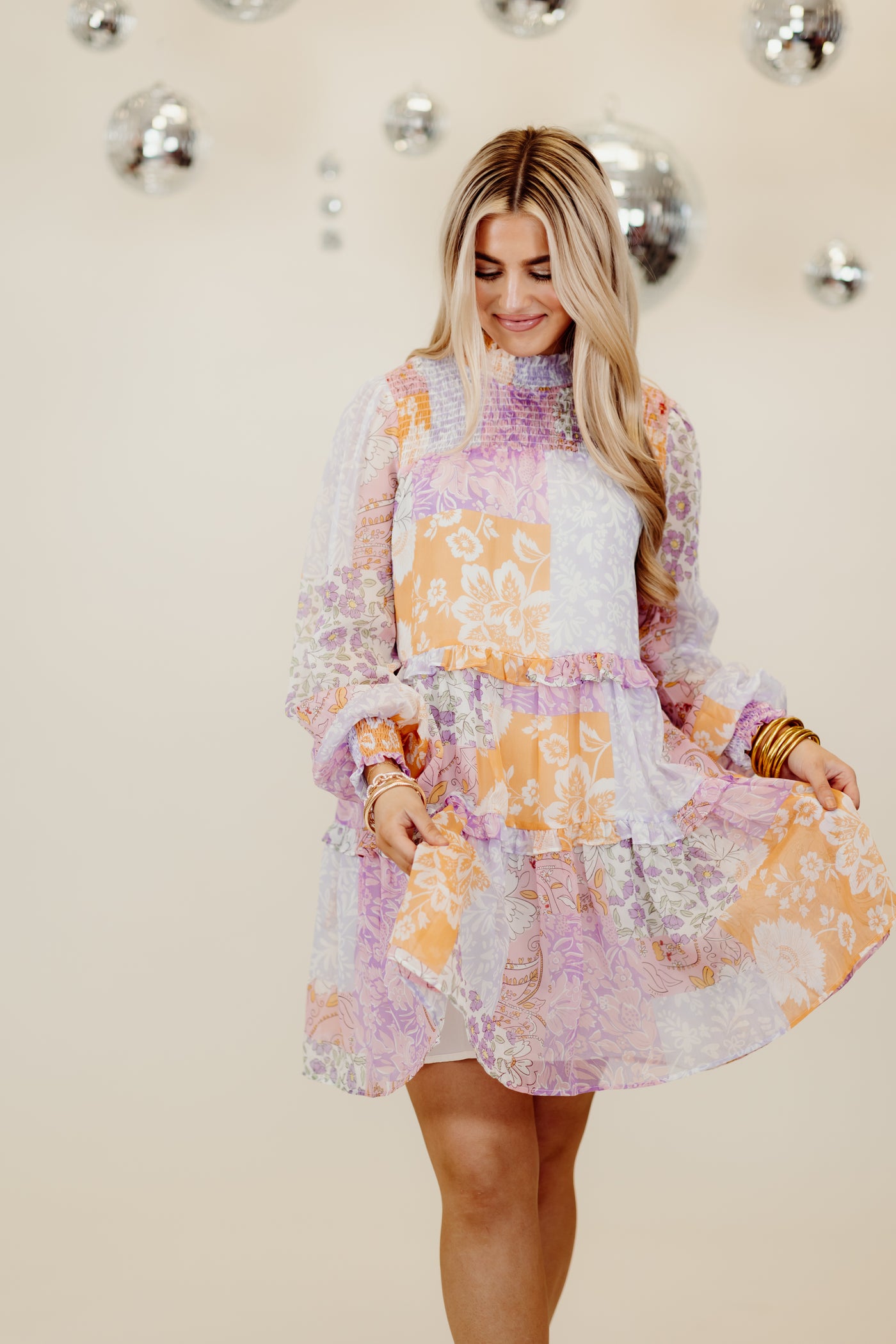 Lavender Multi Patchwork Mock Neck Tiered Dress