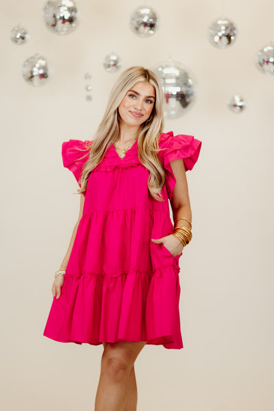 Magenta Poplin Ruffle Tiered Mini Dress