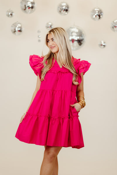 Magenta Poplin Ruffle Tiered Mini Dress