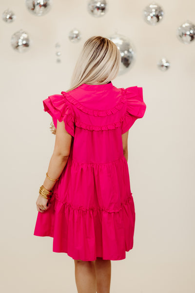 Magenta Poplin Ruffle Tiered Mini Dress