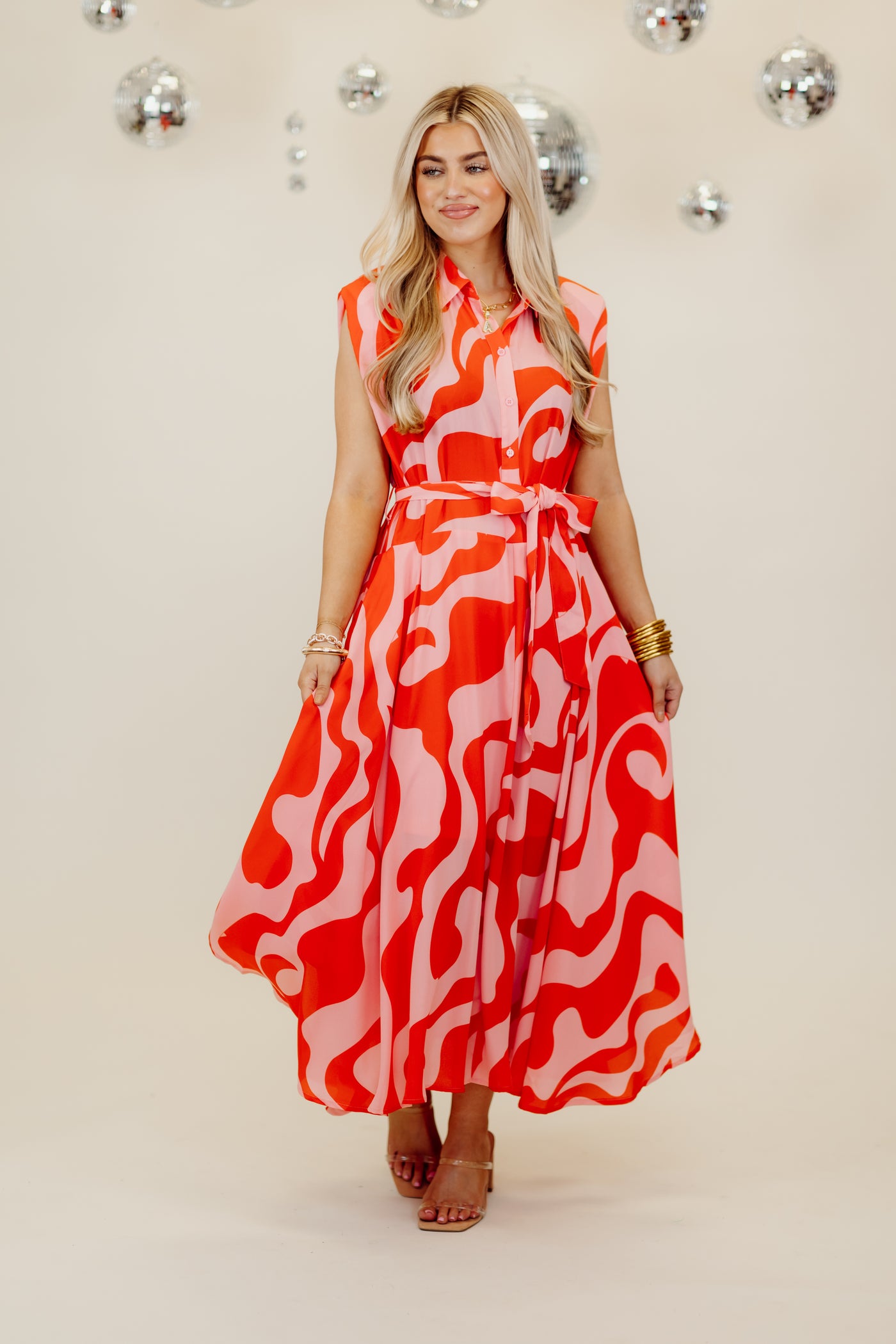 Red Sleeveless Shoulder Pad Midi Dress