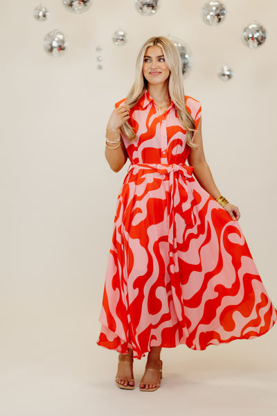 Red Sleeveless Shoulder Pad Midi Dress