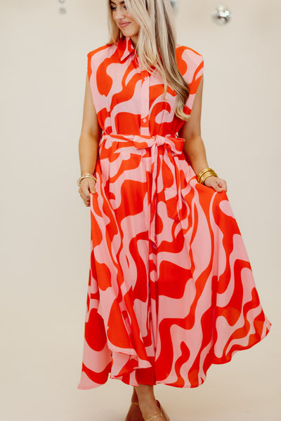 Red Sleeveless Shoulder Pad Midi Dress