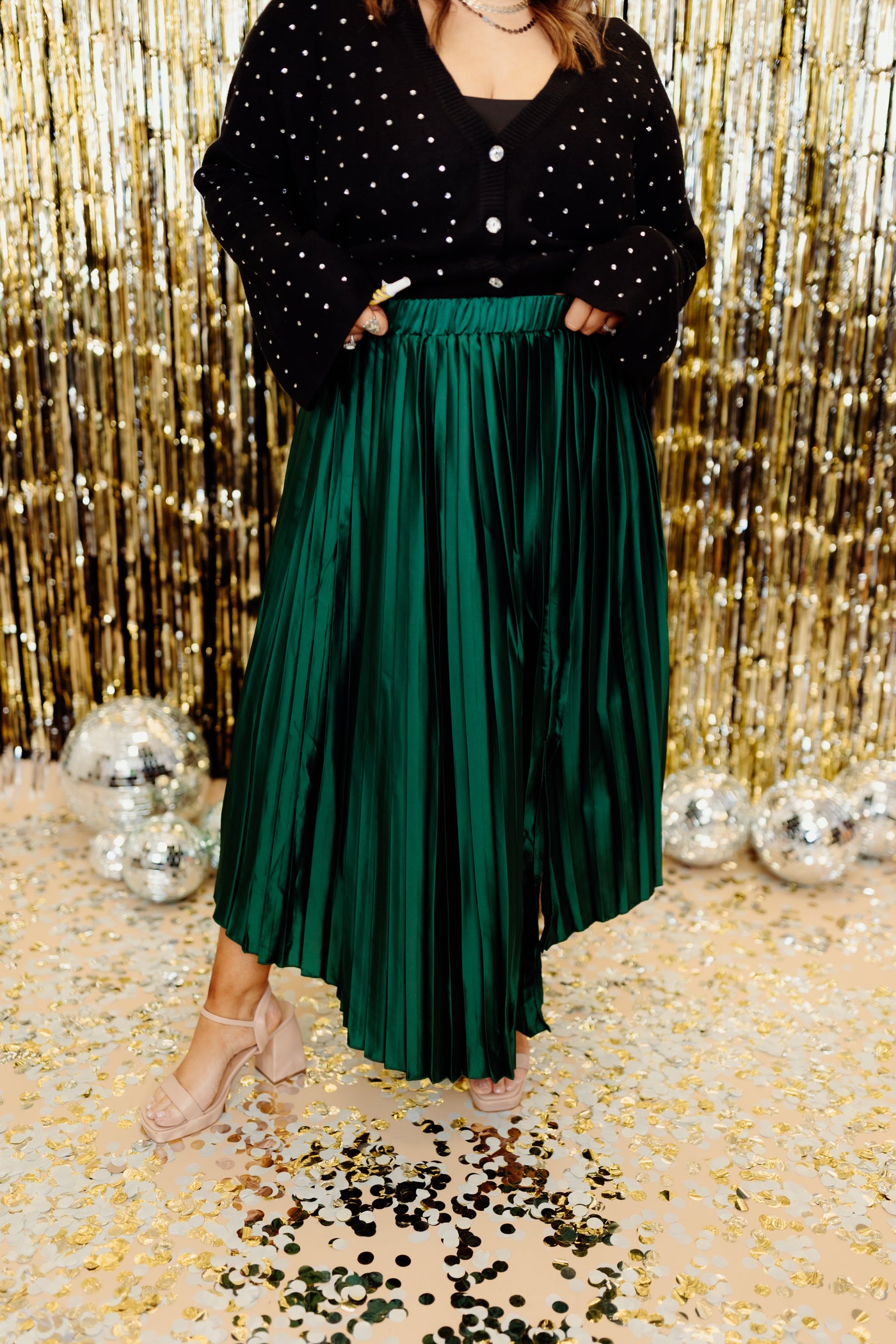 Hunter Green Asymmetrical Satin Pleated Midi Skirt