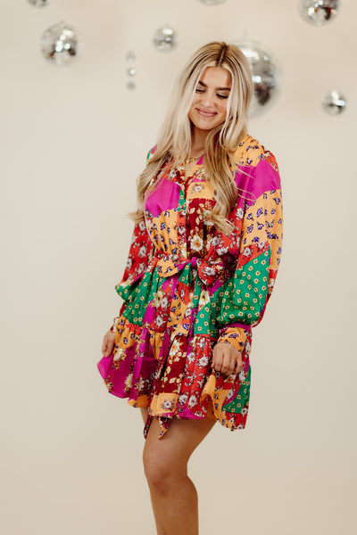 Magenta Multi Patchwork Button Down Long Sleeve Dress