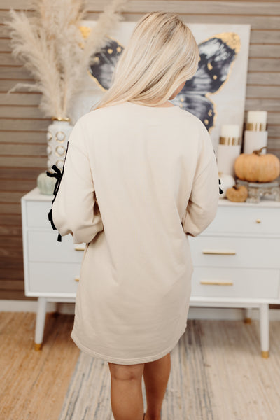 Taupe Bow Detail Long Sleeve Dress