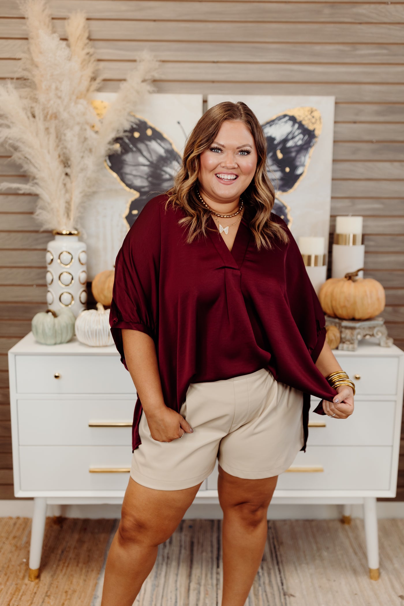 Burgundy Notch Neck Oversized Satin Blouse