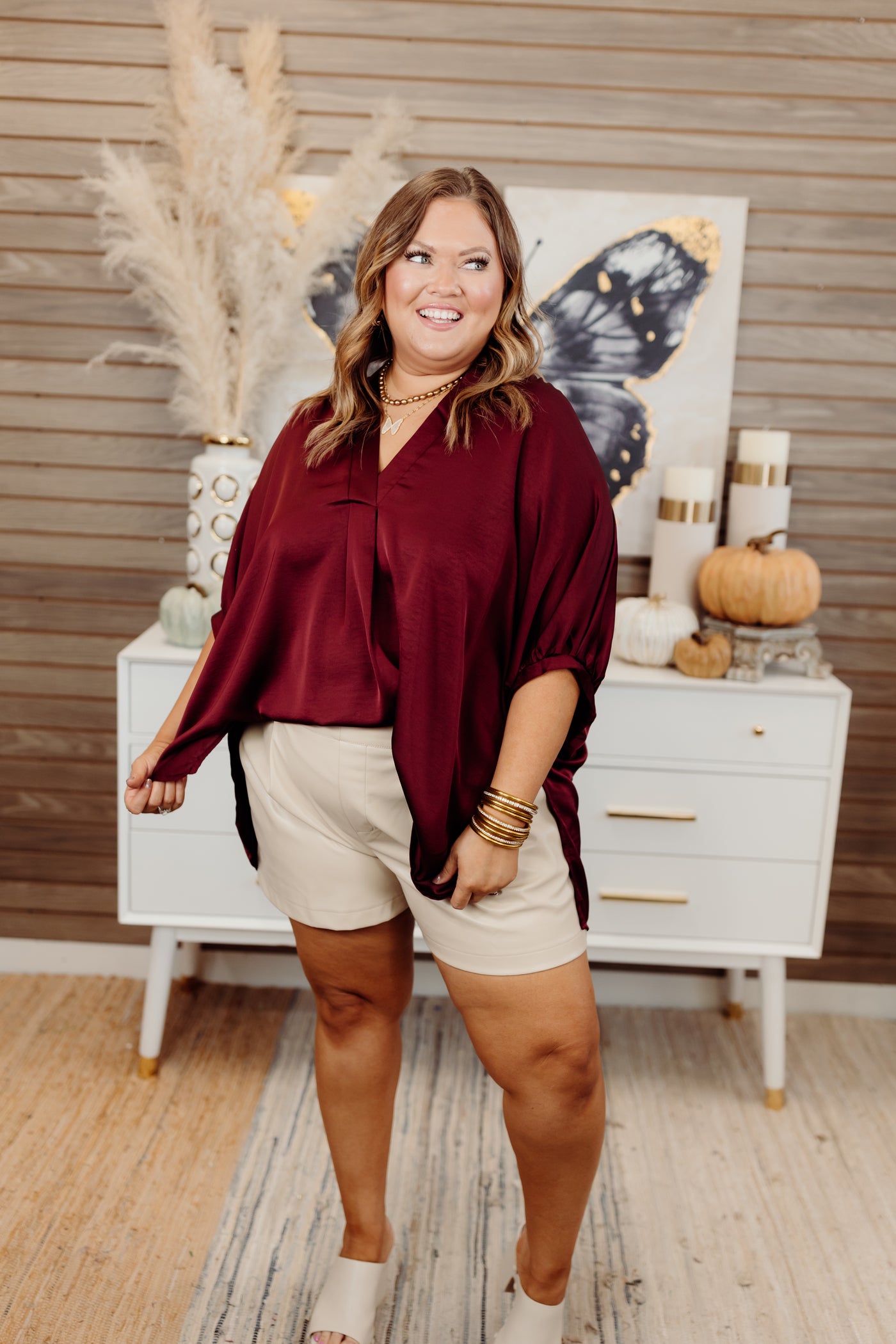 Burgundy Notch Neck Oversized Satin Blouse