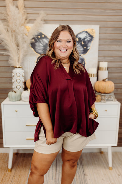 Burgundy Notch Neck Oversized Satin Blouse