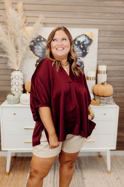 Burgundy Notch Neck Oversized Satin Blouse