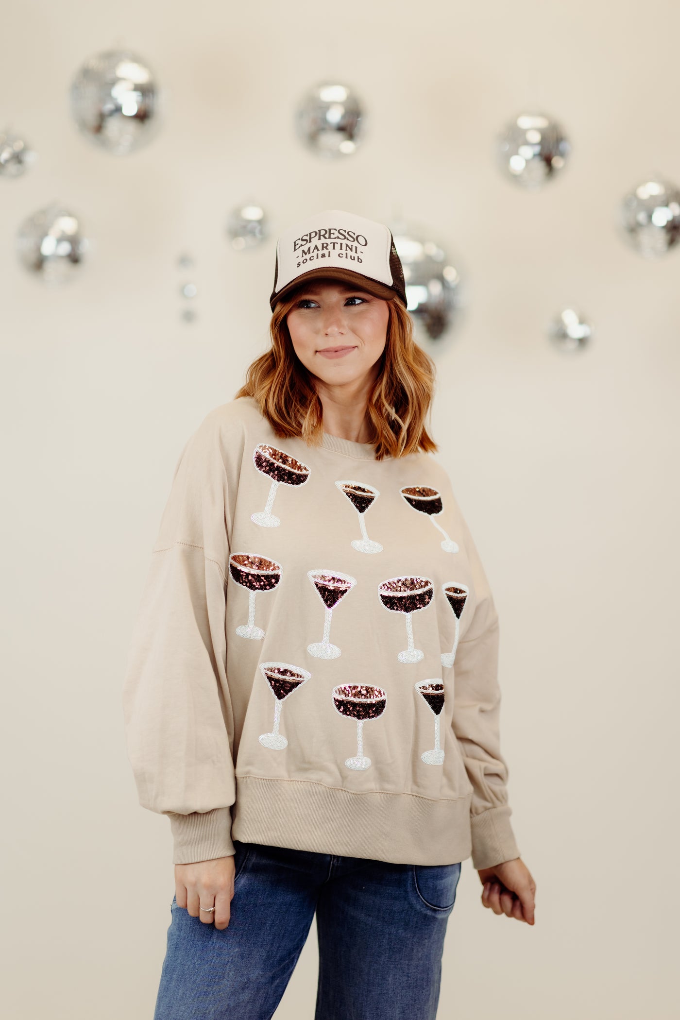 Beige Espresso Martini Embroidered Oversized Sweatshirt