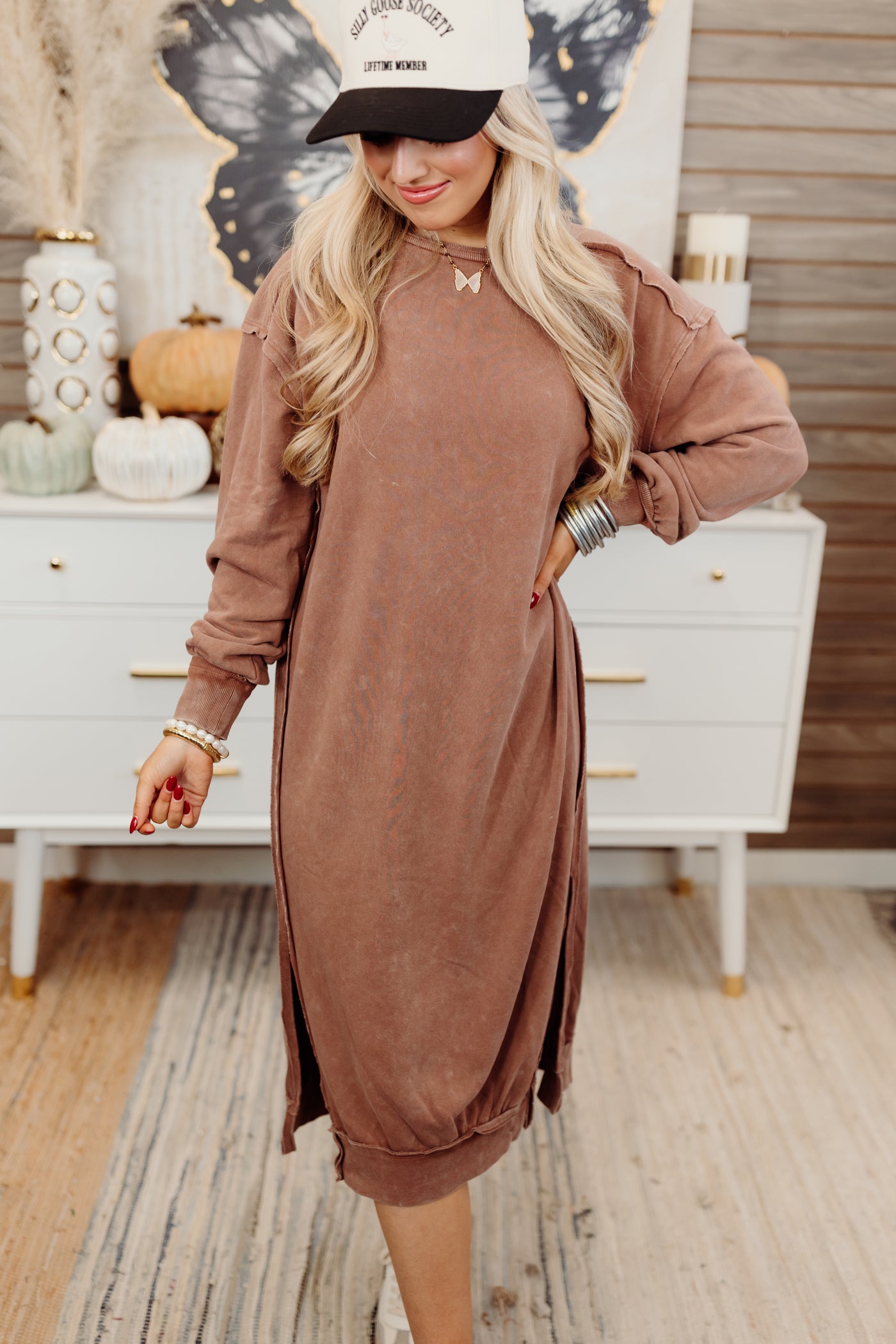 Chestnut Oversized Cozy Sweatshirt Midi Dress