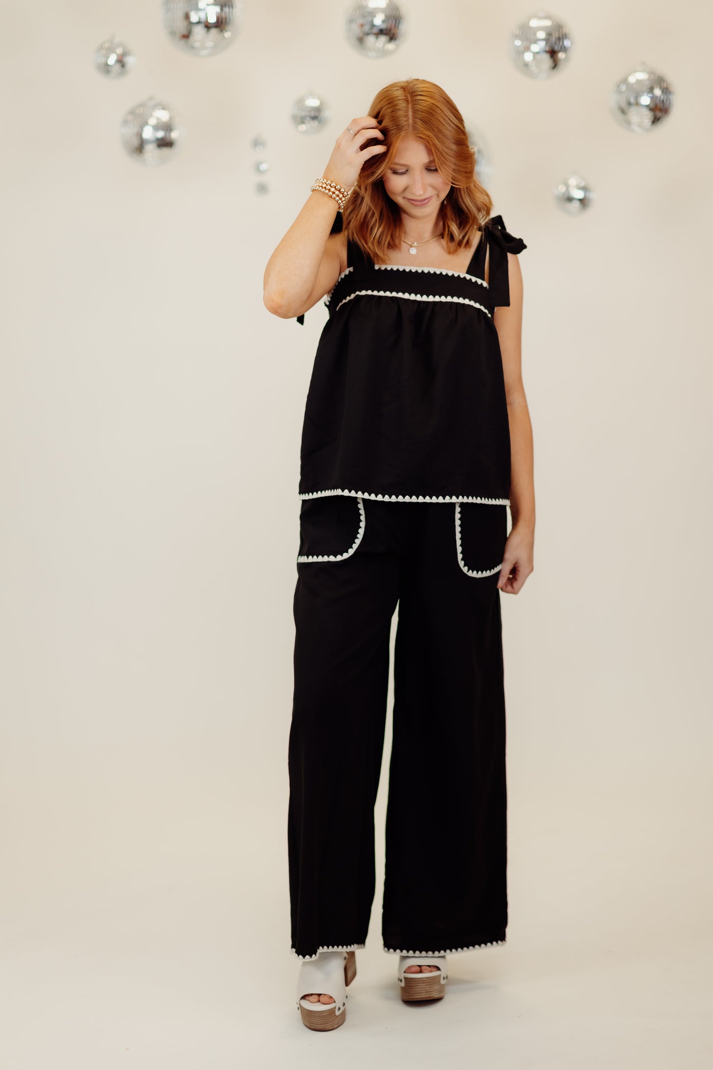 Black Square Neck Top and Wide Leg Pant Set