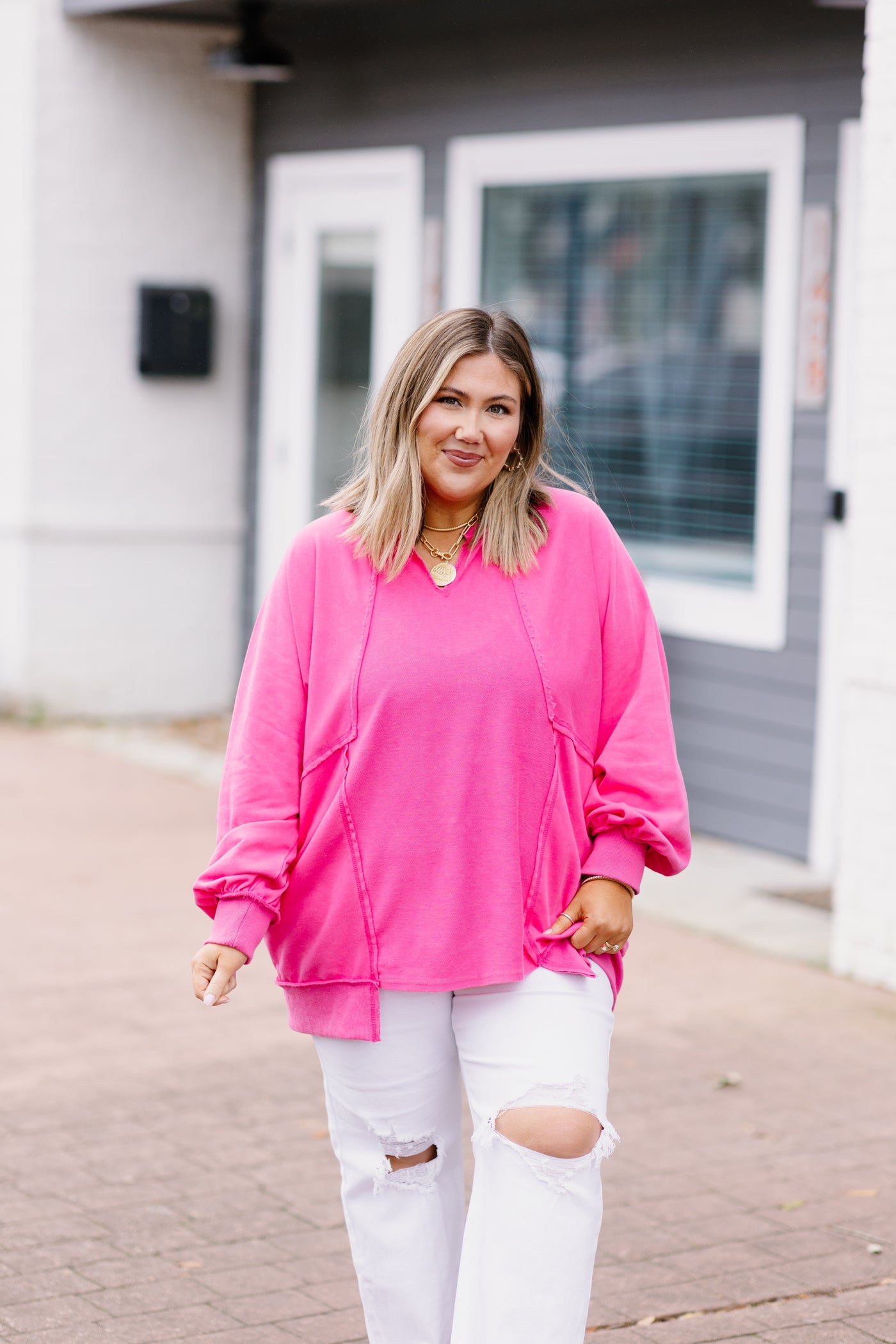 Pink Oversized Raw Edge Sweatshirt