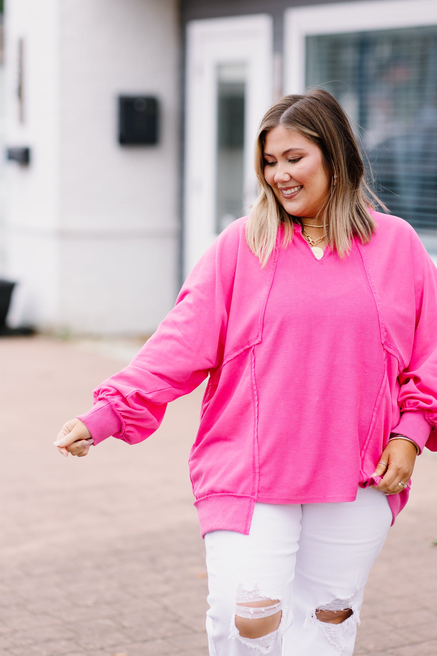 Pink Oversized Raw Edge Sweatshirt