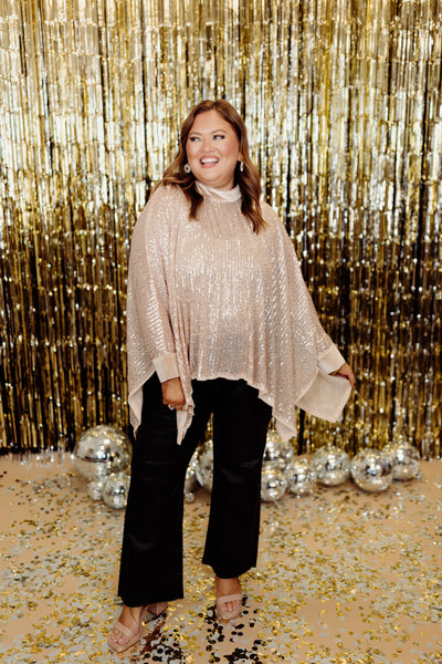 Beige Sequin Velvet Lined Poncho Top