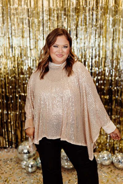 Beige Sequin Velvet Lined Poncho Top