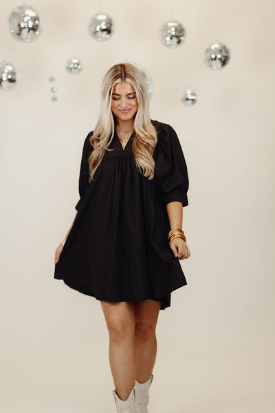 Black V-Neck Half Sleeve Mini Dress