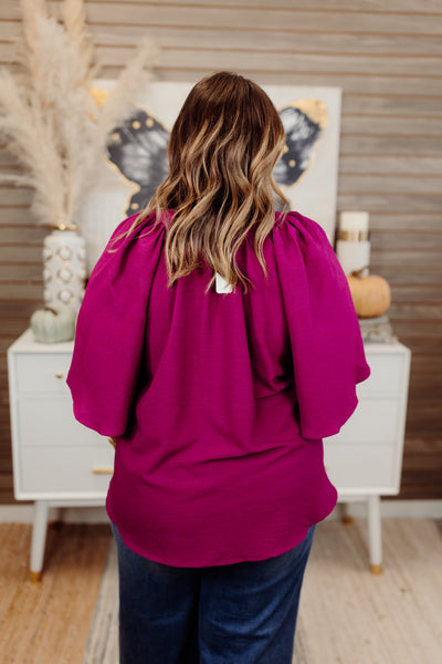 Plum Textured V-Neck Placket Ruffle Sleeve Top