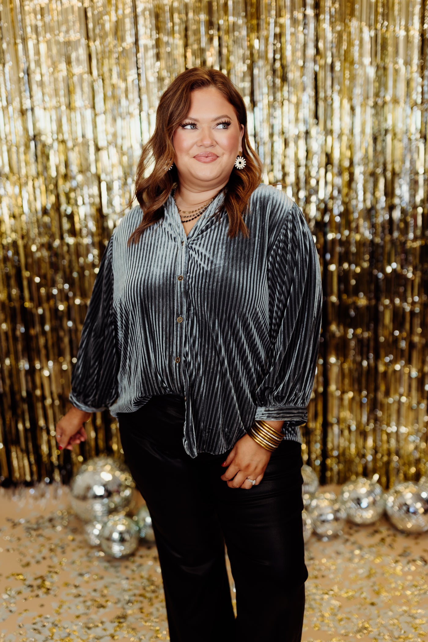 Gunmetal Notch Neck Velvet Button Down Top