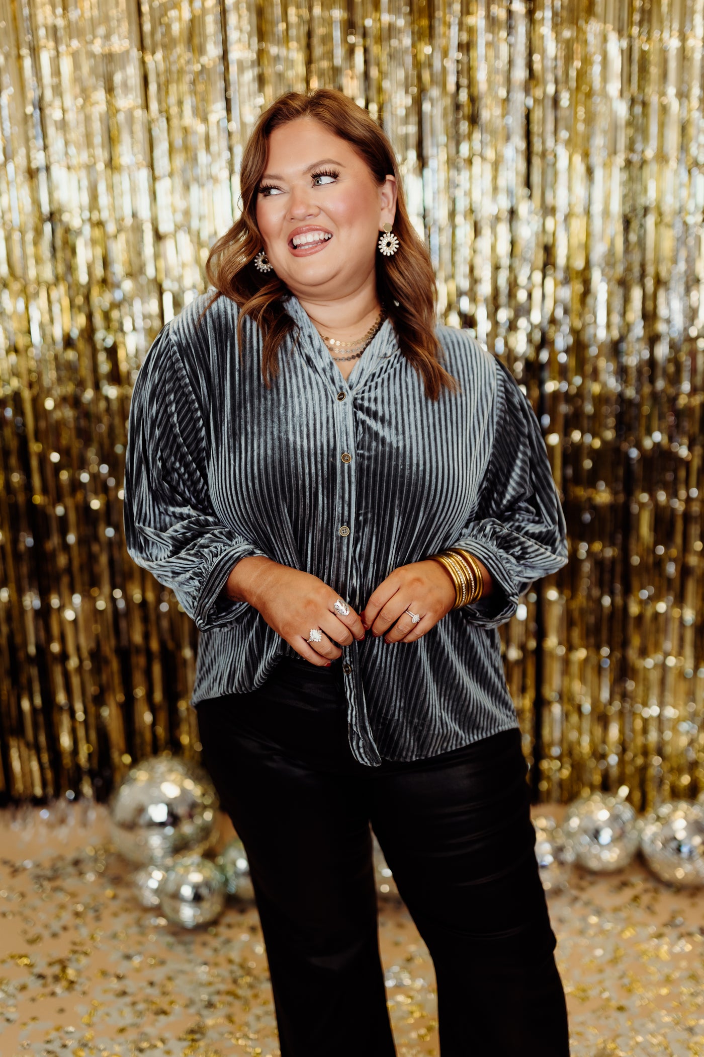 Gunmetal Notch Neck Velvet Button Down Top