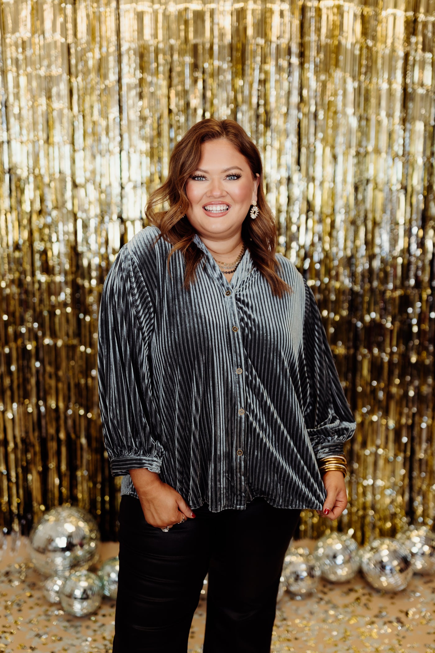 Gunmetal Notch Neck Velvet Button Down Top