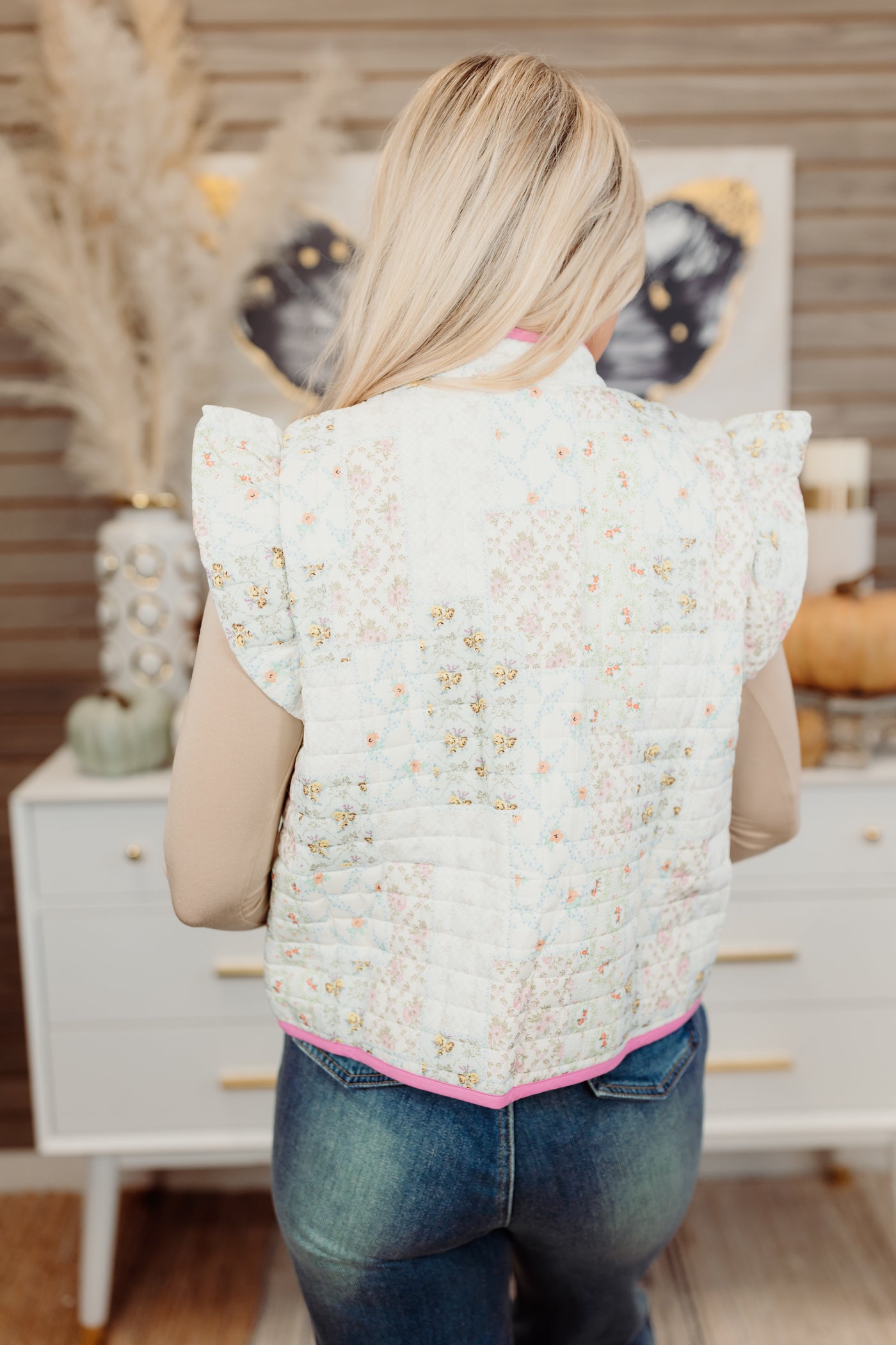 Floral Multi Quilted Flutter Sleeve Vest