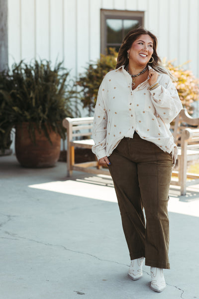 Cream Daisy Embroidered Gauze Button Down Shirt