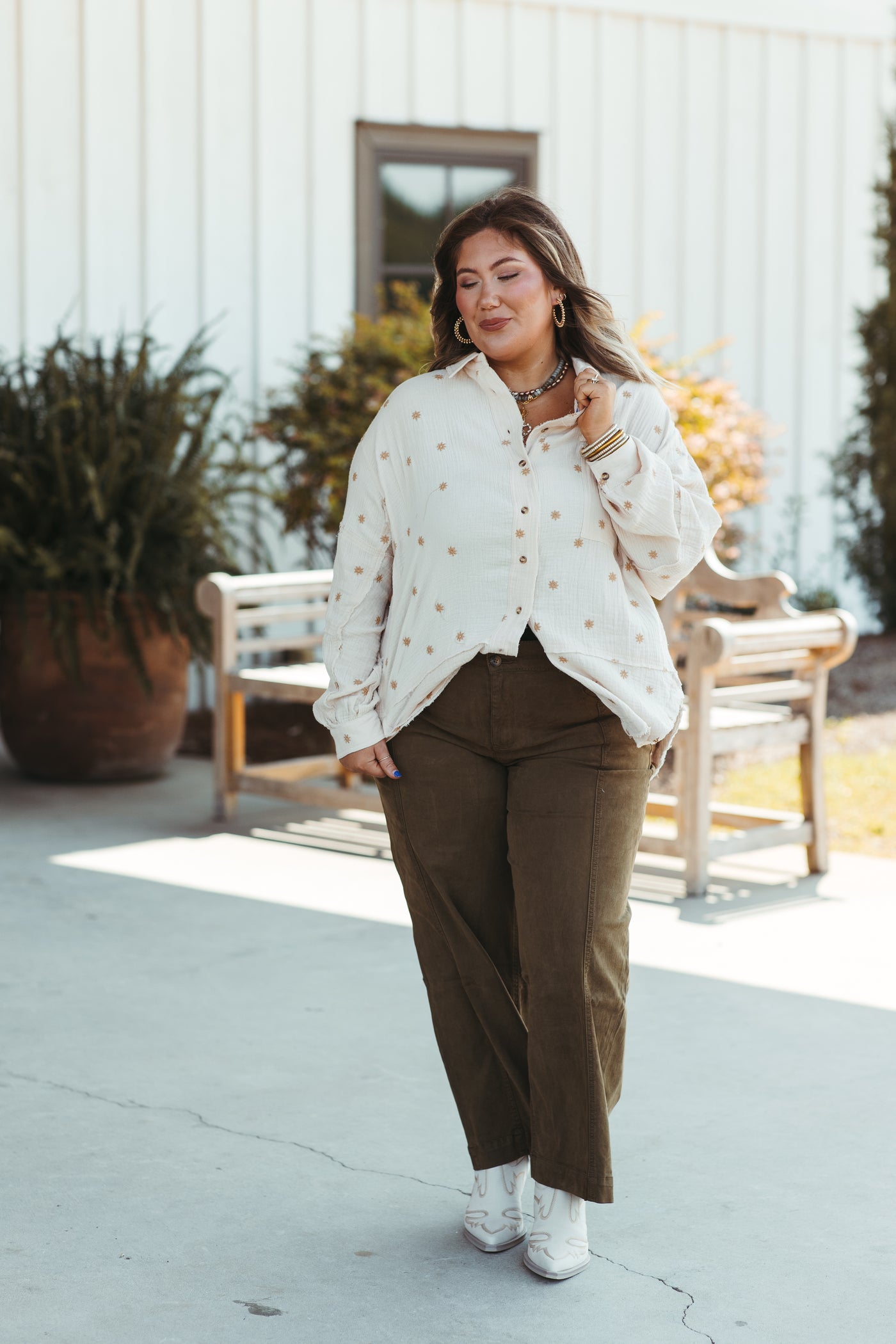 Cream Daisy Embroidered Gauze Button Down Shirt