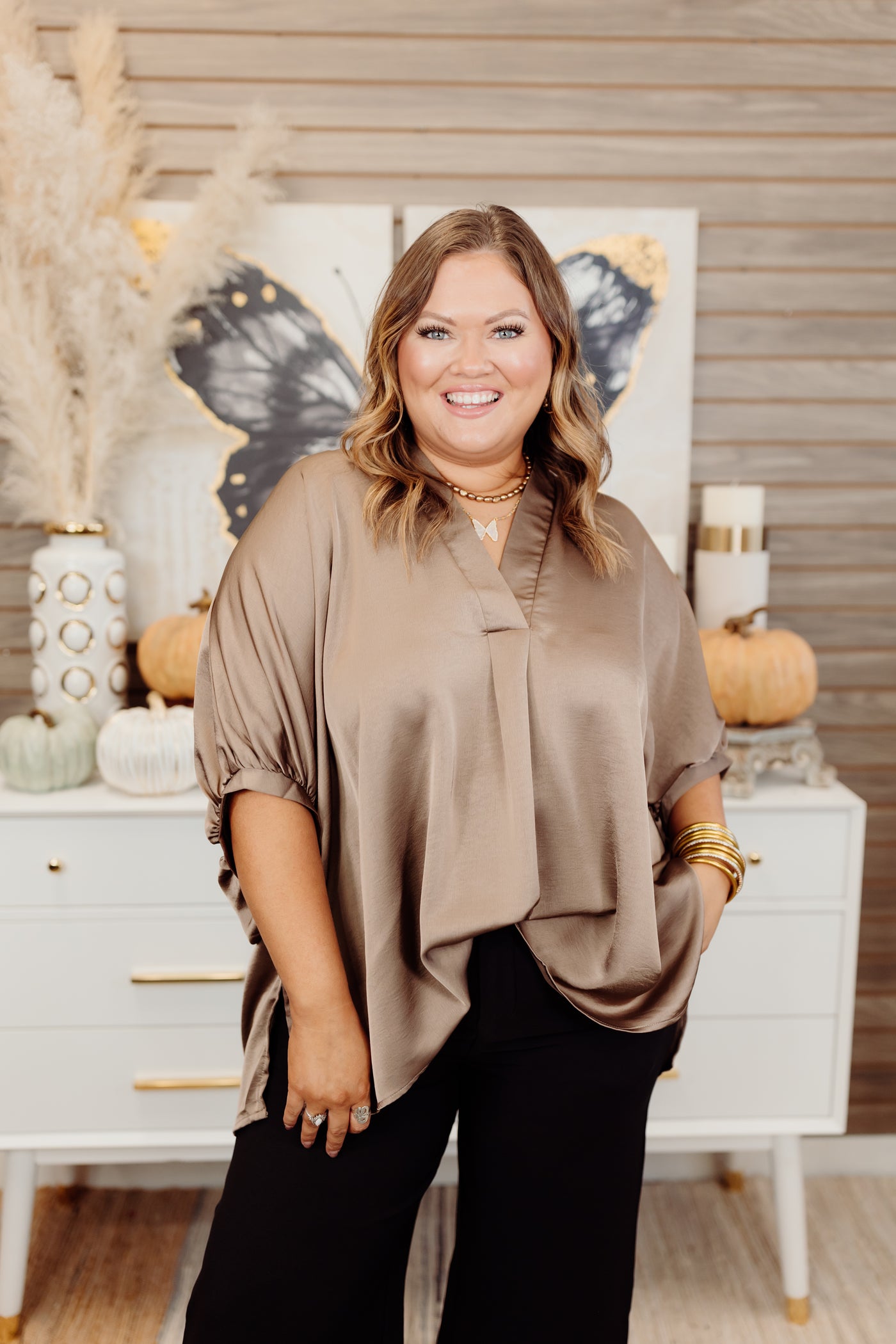 Mocha Notch Neck Oversized Satin Blouse