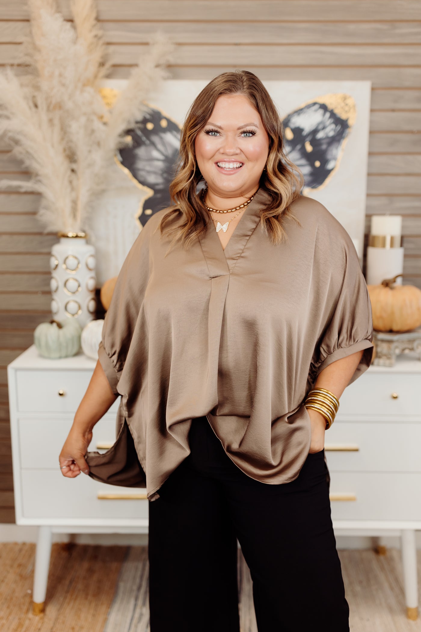 Mocha Notch Neck Oversized Satin Blouse